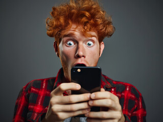 Young excited Man with red curly hair looks at his cellphone