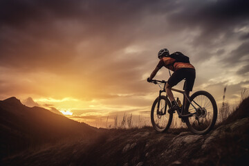 Obraz premium Man on mountain bike against sundown sky