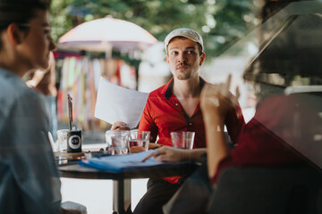 Three young business associates engaging in an outdoor discussion at a cafe, sharing documents and ideas on a sunny day.