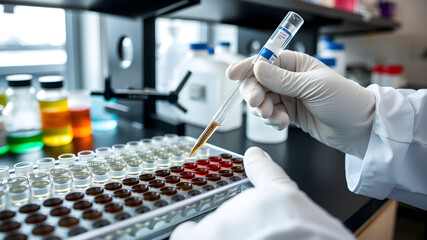 Pipetting the sample into a well plate in a biological research laboratory. Generative AI