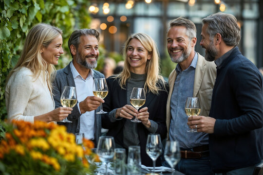 A group of middle-aged people are gathered around a table with glasses of wine, smiling.