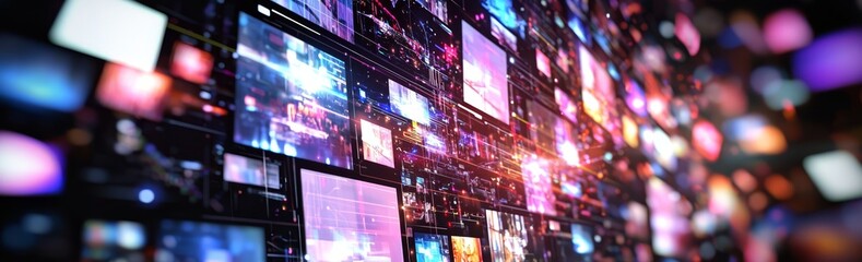 A dynamic backdrop featuring multiple screens filled with colorful lights and patterns, creating an engaging digital atmosphere.