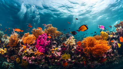 Naklejka premium A vibrant underwater coral reef teeming with marine life.