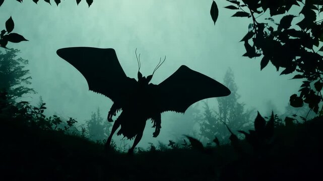 A shadowy figure with wings and horns stands ominously in a foggy forest, creating an atmosphere of suspense and intrigue