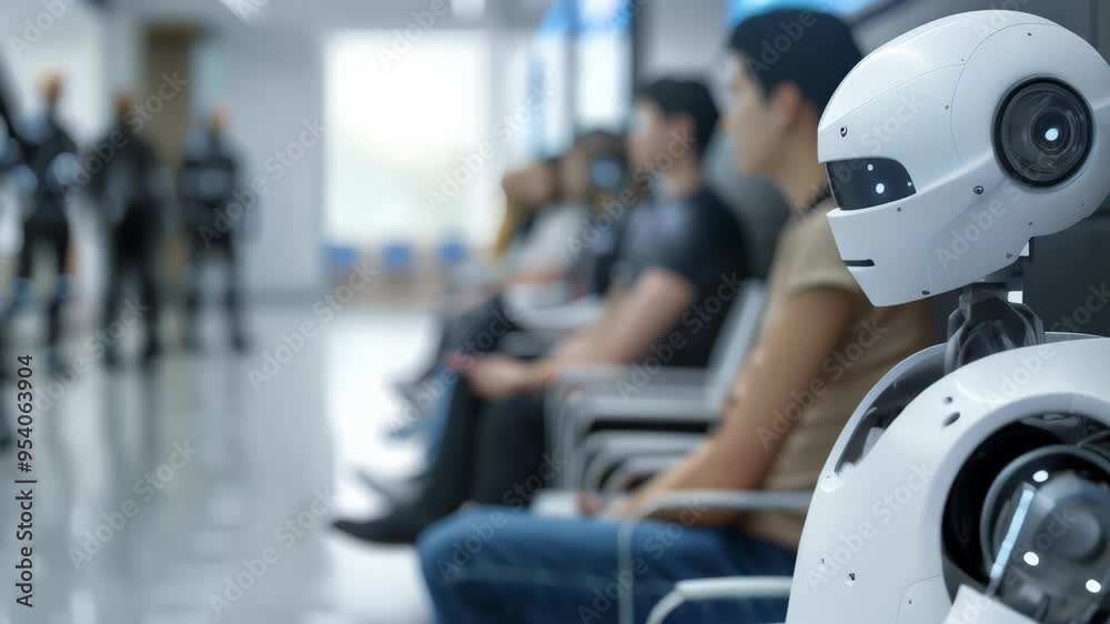 Poster humanoid robot sitting in a waiting room alongside humans, symbolizing the integration of ai into ev
