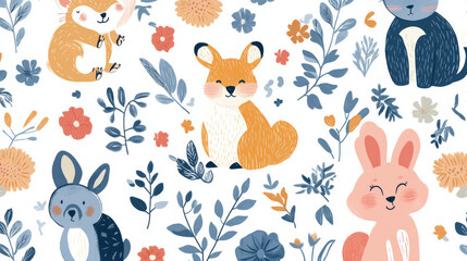 Fototapeta premium This vector illustration features a charming assembly of cute animals—lion, zebra, crocodile, hippo, and rhino—set against a Scandinavian-inspired design. The animals are depicted with soft, friendly 