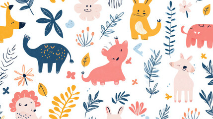 This vector illustration features a charming assembly of cute animals—lion, zebra, crocodile, hippo, and rhino—set against a Scandinavian-inspired design. The animals are depicted with soft, friendly 