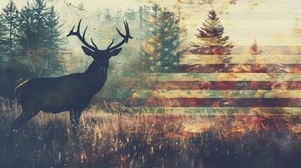 A silhouette of a deer with large antlers stands in a field, with an aged American flag overlayed in the background. © florynstudio3