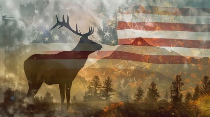 Silhouette of a deer with an American flag, mountains, and trees in the background.