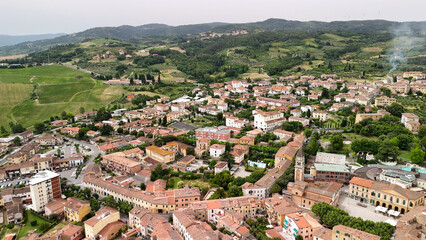 Aerial view of the historic center of Casciana Terme, Pisa, olive trees and vineyards in the background