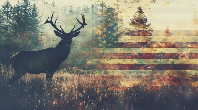 A silhouette of a deer with large antlers stands in a field, with an aged American flag overlayed in the background.