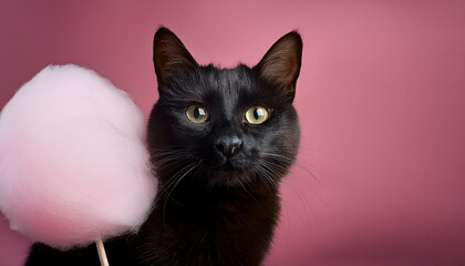 Funny photo of an adorable black cat holding a pink cotton candy isolated in front of a pink background with copy space