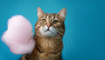 A cute orange cat holding a pink cotton candy in front of a blue background