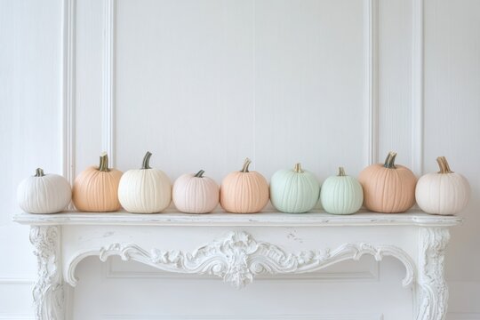 Pastel-painted pumpkins in soft shades of blush, mint, and beige are neatly arranged on a white shelf, adding an elegant touch to a minimalist interior for autumn.