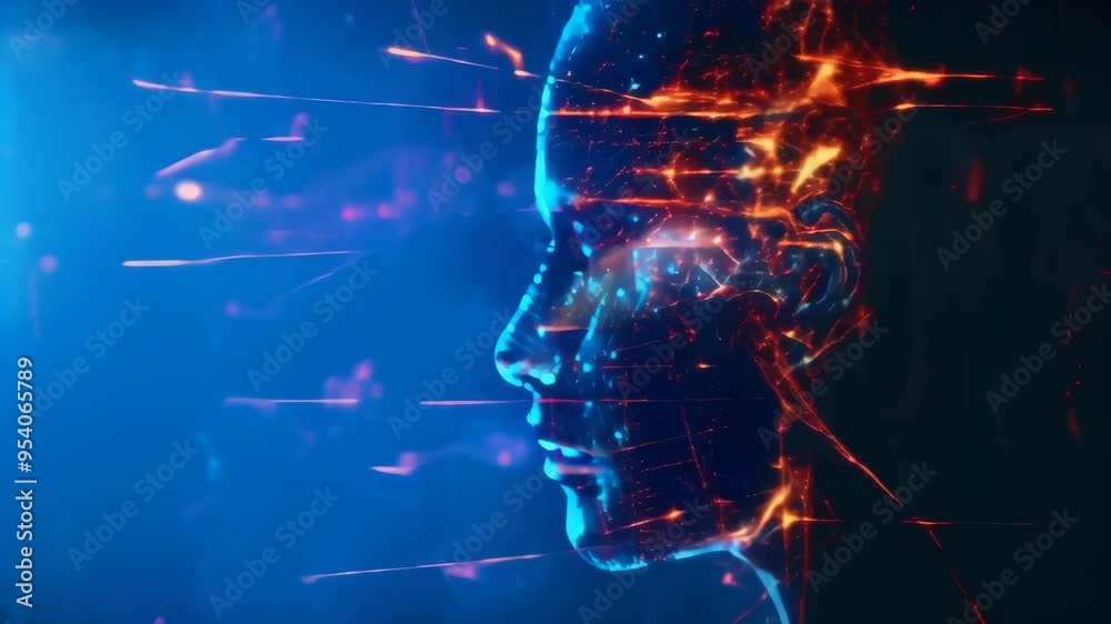 Aufkleber Glowing digital profile of a face surrounded by abstract light trails, symbolizing artificial intelligence and futuristic technology. Ideal for concepts of AI and cybernetics