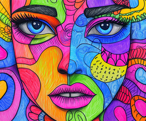 Abstract Colorful Graffiti Art Of A Woman's Face Based On Doodle Art, Surreal Graffiti Wall Art With Vibrant Colors	