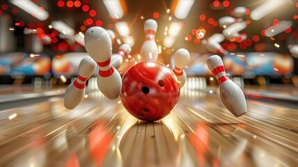 A bowling ball strikes a set of pins on a wooden lane, with a blurred background.