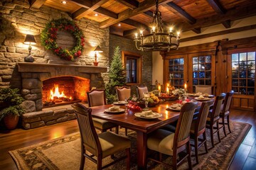 Cozy dining room with rustic stone fireplace, dark wood furniture, and warm lighting, creating a inviting atmosphere