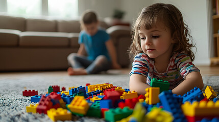 Fototapeta premium Kids playing with colorful building blocks on a living room floor.