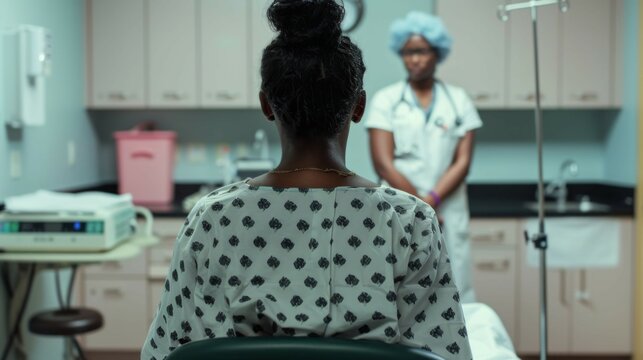 A Black woman in a hospital gown sits on a medical table, facing away from the camera, as a doctor stands in front of her.