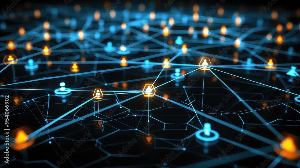 Canvas Prints abstract network of glowing lines connecting people icons in a dark background.