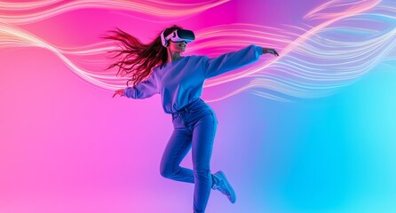 Obraz premium A young woman leaps gracefully in a blue sweatshirt and jeans, wearing VR glasses, surrounded by dynamic waves of neon pink and blue, capturing a moment of playful expression and excitement.