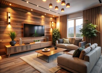 Cozy living room scene with a modern TV mounted on a stylish wooden wall, surrounded by comfortable couch