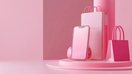 3D Online shopping on smartphone concept, floating shopping items, online buying, and online payment