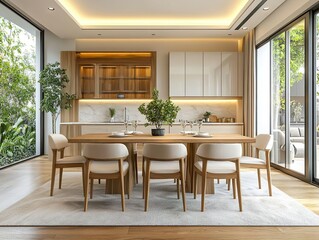Fototapeta premium Contemporary dining set with a stylish wooden table and elegant chairs pictures