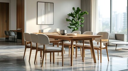 Fototapeta premium Modern wooden dining set with sleek chairs in an elegant dining space pictures