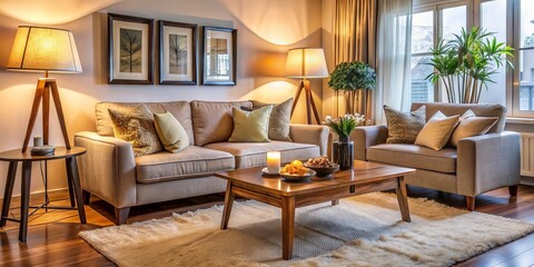 Cozy living room with soft warm glow of table lamps and floor lamps casting a relaxing ambiance on