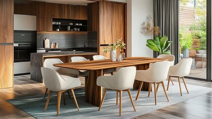 Modern dining area featuring an elegant wooden table and chic chairs pictures