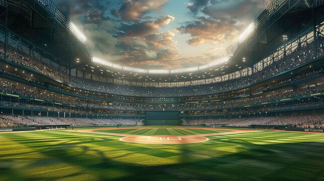 A panoramic view of a baseball stadium under a cloudy sky at sunset with a green field and a large crowd in the stands. - Powered by Adobe