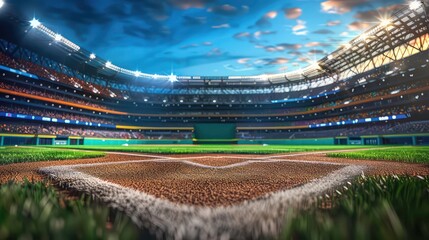 A low angle view of a baseball field, showing the home plate, infield, and outfield, with a stadium in the background, under a cloudy sky at dusk.
