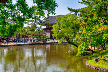 Obraz premium Nara, Japan. Isuien Garden and trees on a sunny spring day