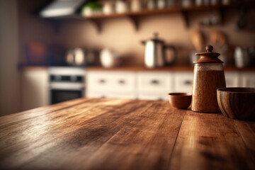 a wooden tabletop against a background of a kitchen interior that is fuzzy 