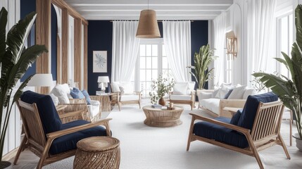 Modern navy accented farmhouse lounge with wooden elements and white curtains.