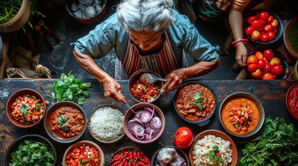 A woman is cooking a variety of dishes on a table. The table is filled with bowls of different foods, including rice, beans, and tomatoes. The woman is using a spoon to serve the food