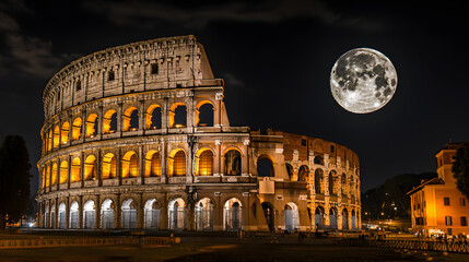 Fototapeta premium Romes Colosseum lit up at night with the moon in the sky.