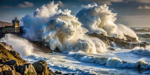Fototapeta premium Crashing waves and foamy spray fill the frame as a powerful storm surge pounds against a rugged rocky coastline, tossing debris in its fury.