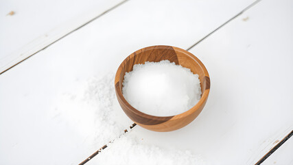 Sugar filled wooden bowl on white table. generative AI