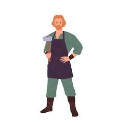 Portrait of professional blacksmith cartoon fairytale worker character in apron holding sledgehammer
