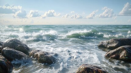 Realistic seashore landscape featuring swirling ocean water around rugged stones, with a backdrop of a clear sky and distant horizon