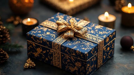 Vibrant red and blue gift boxes featuring intricate golden designs sit elegantly among traditional candles, contributing to a festive atmosphere for Diwali celebrations.