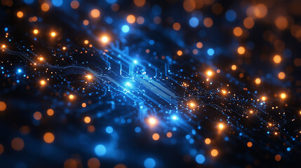 Fototapeta premium A sleek background with interconnected digital circuits glowing in blue, set against a dark, minimalistic backdrop, perfect for a technology-themed presentation.