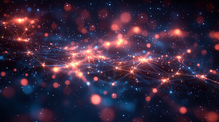 Fototapeta premium A network of thin, glowing lines of data forming abstract patterns over a dark gradient, ideal for technology-themed content.