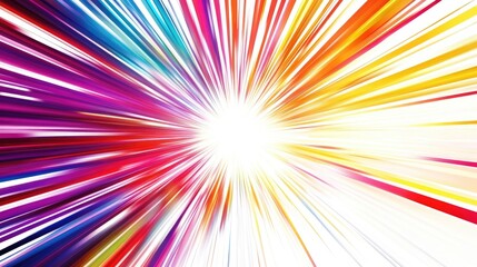 Obraz premium Starburst explosion with dynamic red, yellow, blue, and purple lines, radiating outward on a white background, featuring a harmonious gradient effect