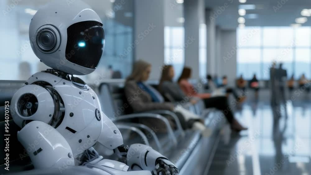 Poster futuristic robot sitting in a modern waiting room with people in the background. symbolizing ai inte