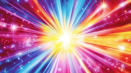 Exploding star pattern in vibrant red, yellow, blue, and purple, with radiant radial lines spreading outward, enriched with a smooth gradient on white