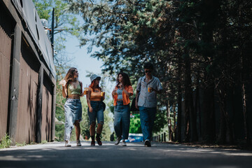 Obraz premium A group of young people enjoying beverages while walking through a shaded park, capturing moments of friendship and leisure on a sunny day.